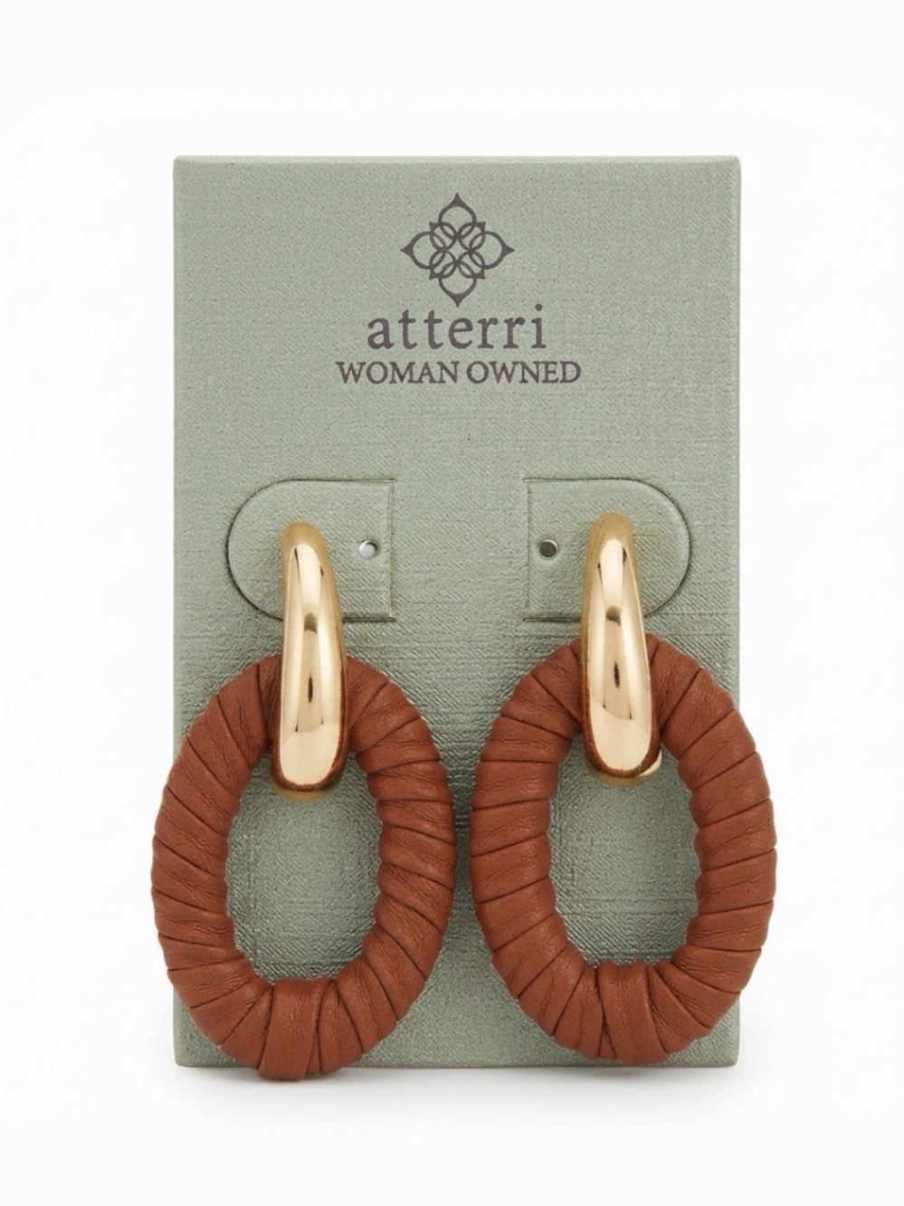 NWT ⚜️🤎⚜️ ATTERRI Slickblue Oval Wrap Hoop Earrings, Faux Leather Detail